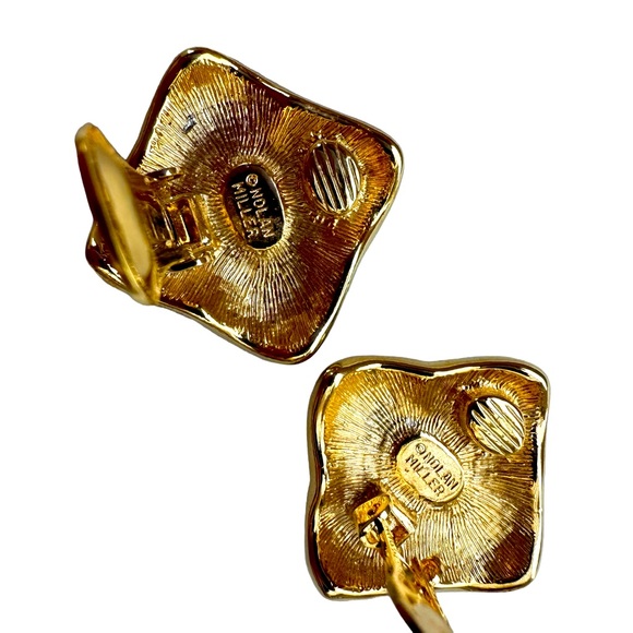 Nolan Miller Navy Blue and Clear Rhinestone Gold Square Clip On Earrings - Picture 4 of 5